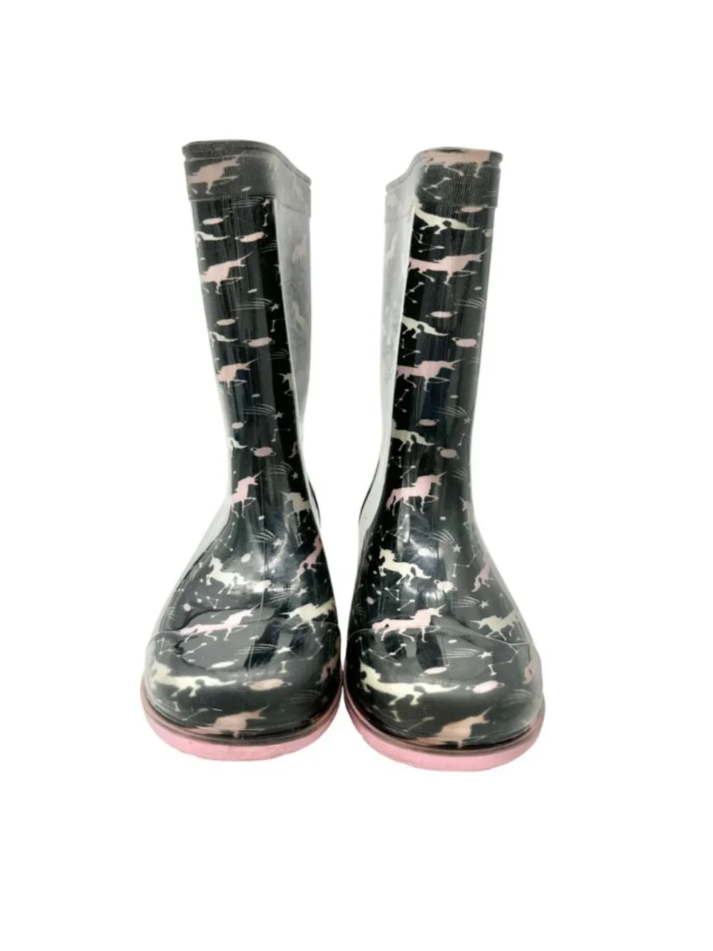 Capelli New York Rain Boots Girls Size 4 Rubber Black and Pink Unicorn Print